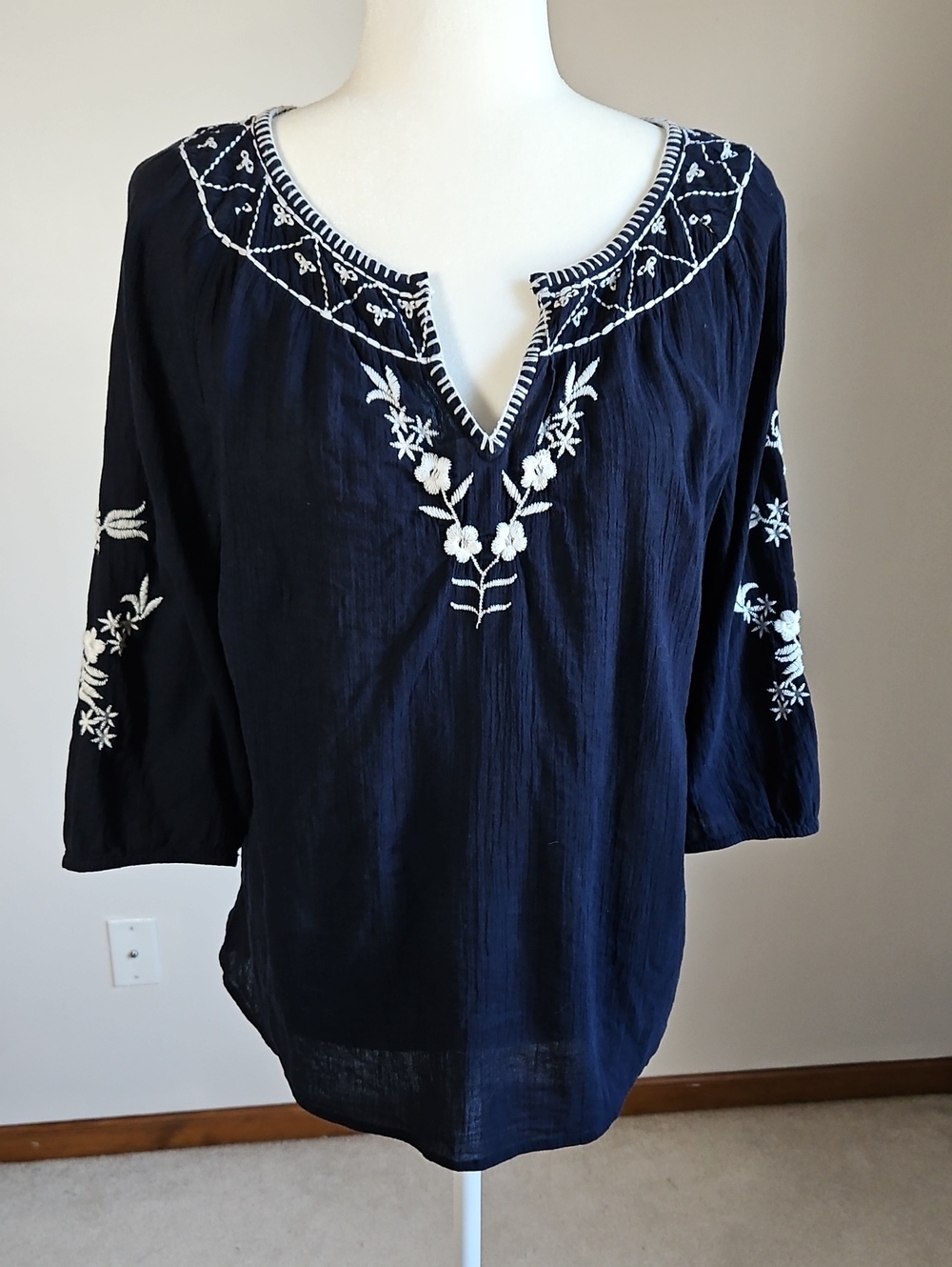 Talbots Cotton Peasant Top Navy White Embroidery Balloon Sleeve Boho 14/16P